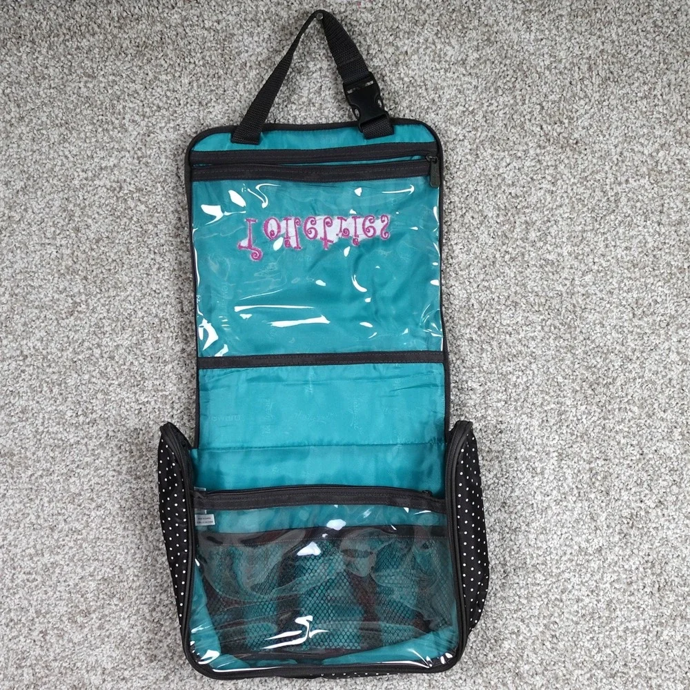 Thirty-One Hanging Toiletry Bag Black Polka Dot Pink Embroidery Travel Organizer